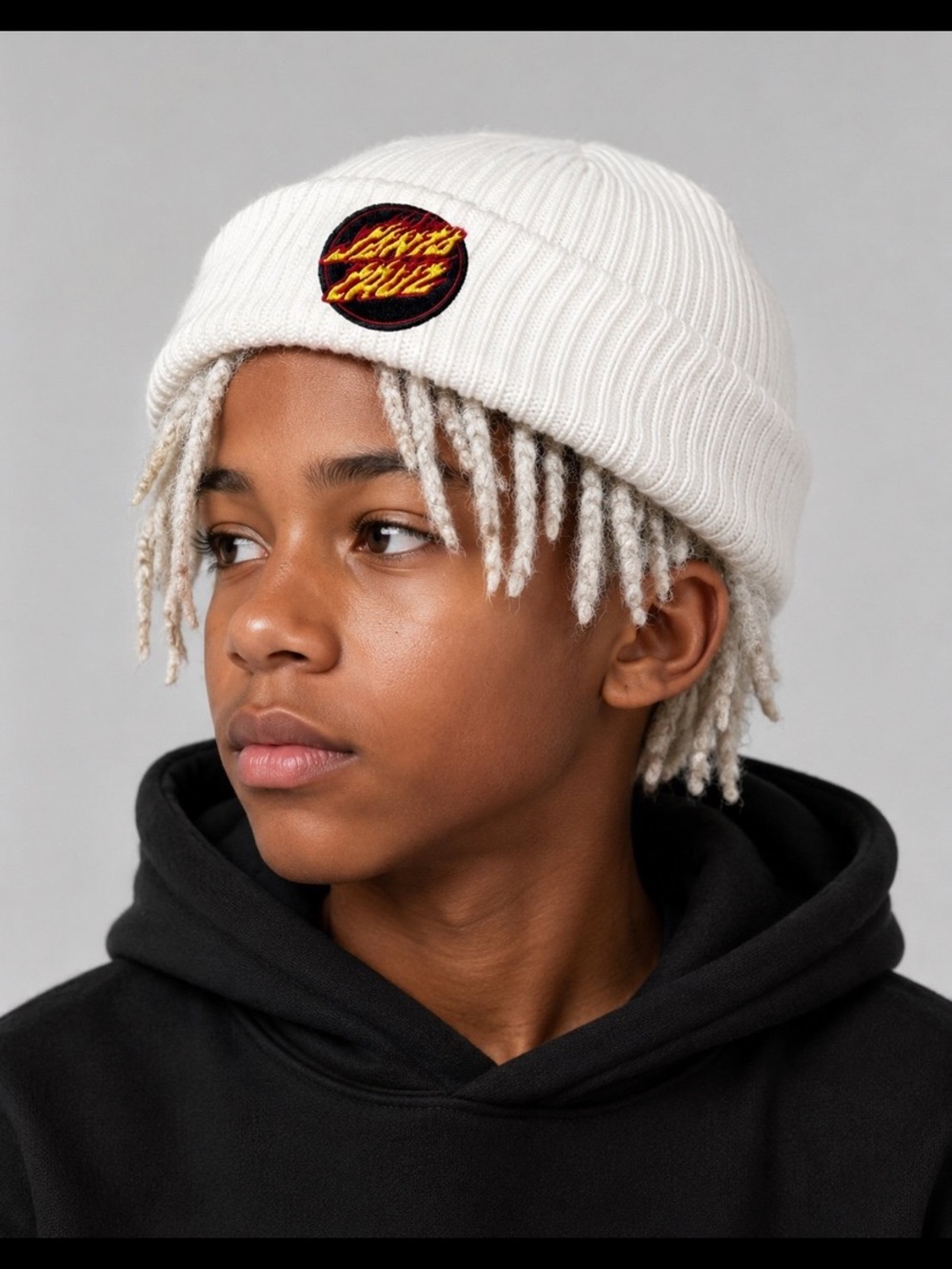 Santa Cruz Skateboards White Kids Ribbed Beanie with Flame Logo Patch